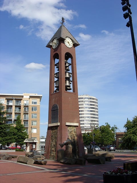 The clock tower in Esther Short Park, Vancouver, Washington. (Photo by Doug Kerr/flickr)