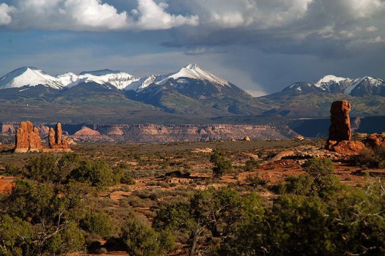 The peaks of the Manti-La Sal National Forest as seen from Utah's Arches National Park. (Photo by Wikimedia)