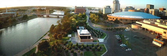 A view of downtown Wichita and the Century II Performing Arts & Convention Center, which lies near the starting line. (Photo by Wikimedia)