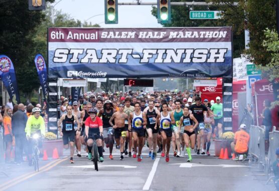 Runners at the starting line of the Salem Half Marathon in Salem, Virginia.