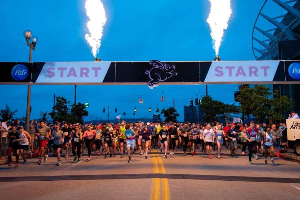 runners at the starting line of the Flying Pig Half Marathon