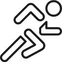 A minimalist black icon of a person running. The figure is shown in motion with one arm bent forward and one leg raised, depicting movement. The head is represented by a circle, and the body, limbs are depicted with simple lines.