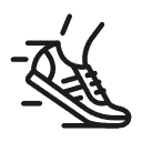 Outline icon of a foot wearing an athletic shoe in motion, suggesting running or fast movement. The shoe has a sleek design with visible laces and lines indicating speed around it.