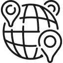 A black and white icon of a globe with grid lines, depicting continents. Two map markers with circular centers are placed on different parts of the globe, indicating specific locations.