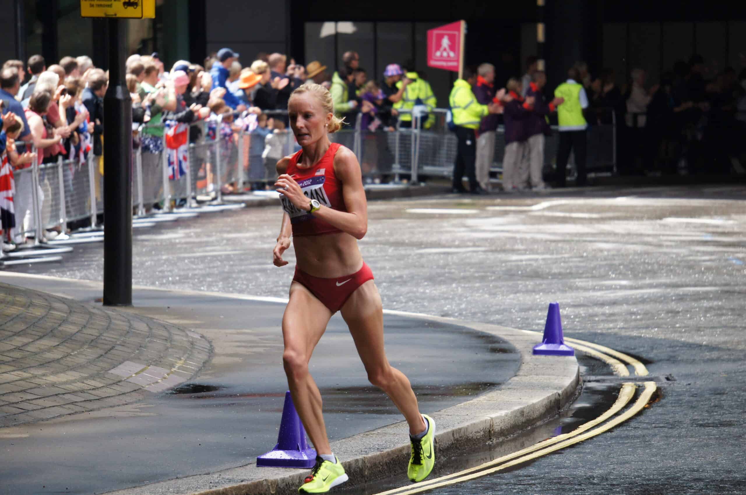 Shalane Flanagan, author of Run Fast Eat Slow the book of meals for runners, competing in the London 2012 Marathon.