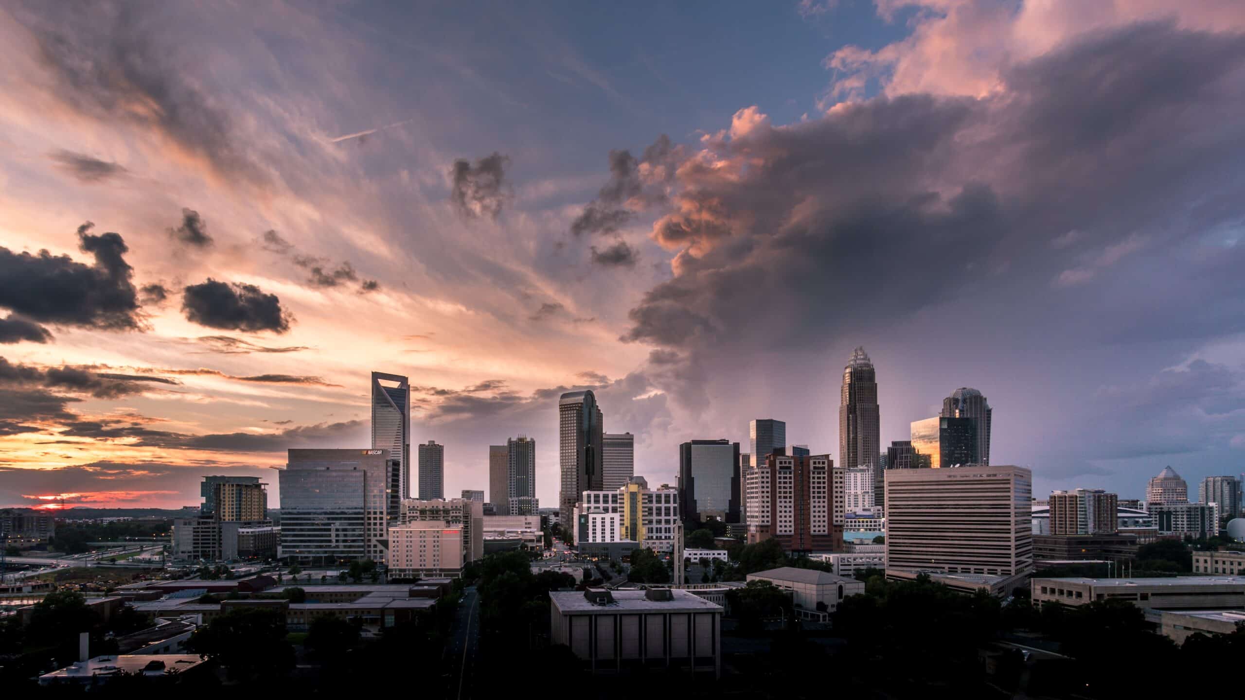 The skyline at sunset that some Charlotte half marathons run directly through.