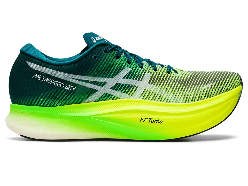 The Metaspeed Sky+ Asics shoe with the FF Turbo cushion, the most comfortable marathon racing shoes.