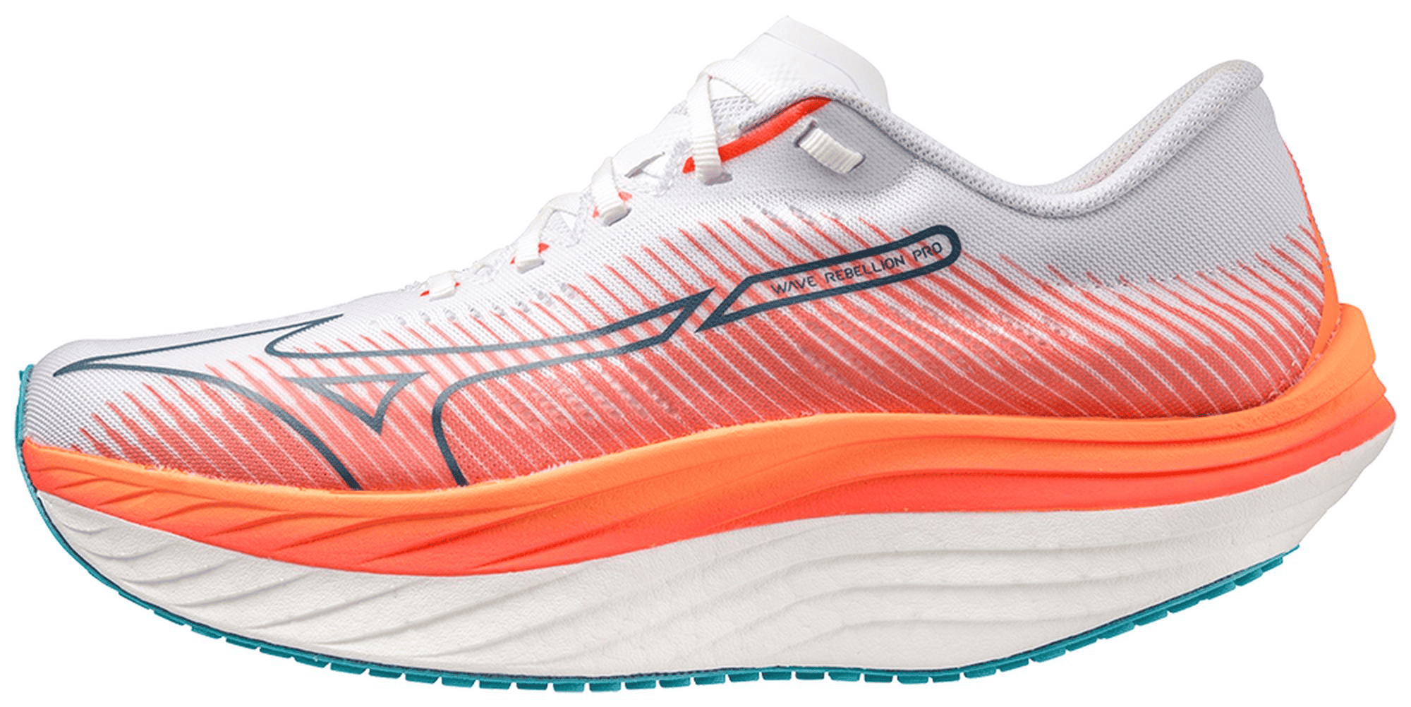 MIzuno Wave Rebellion in orange and white colorway one of the best marathon racing shoes for forefoot strikers.