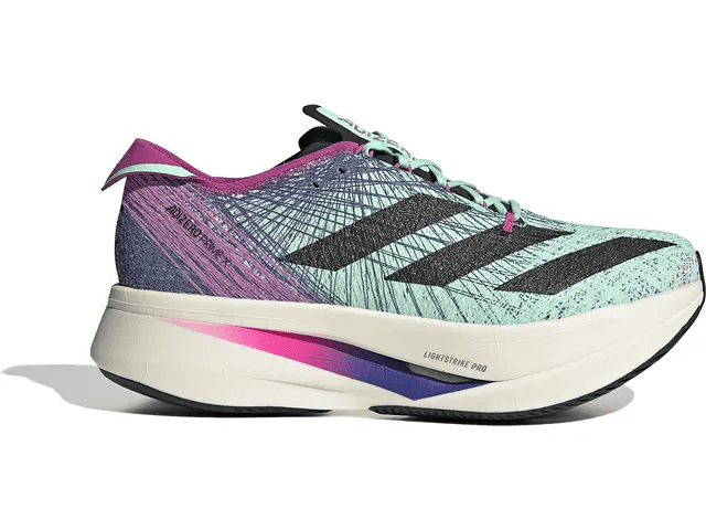 The new adidas Adizero Prime X String in purple and green with lightstrike pro foam.