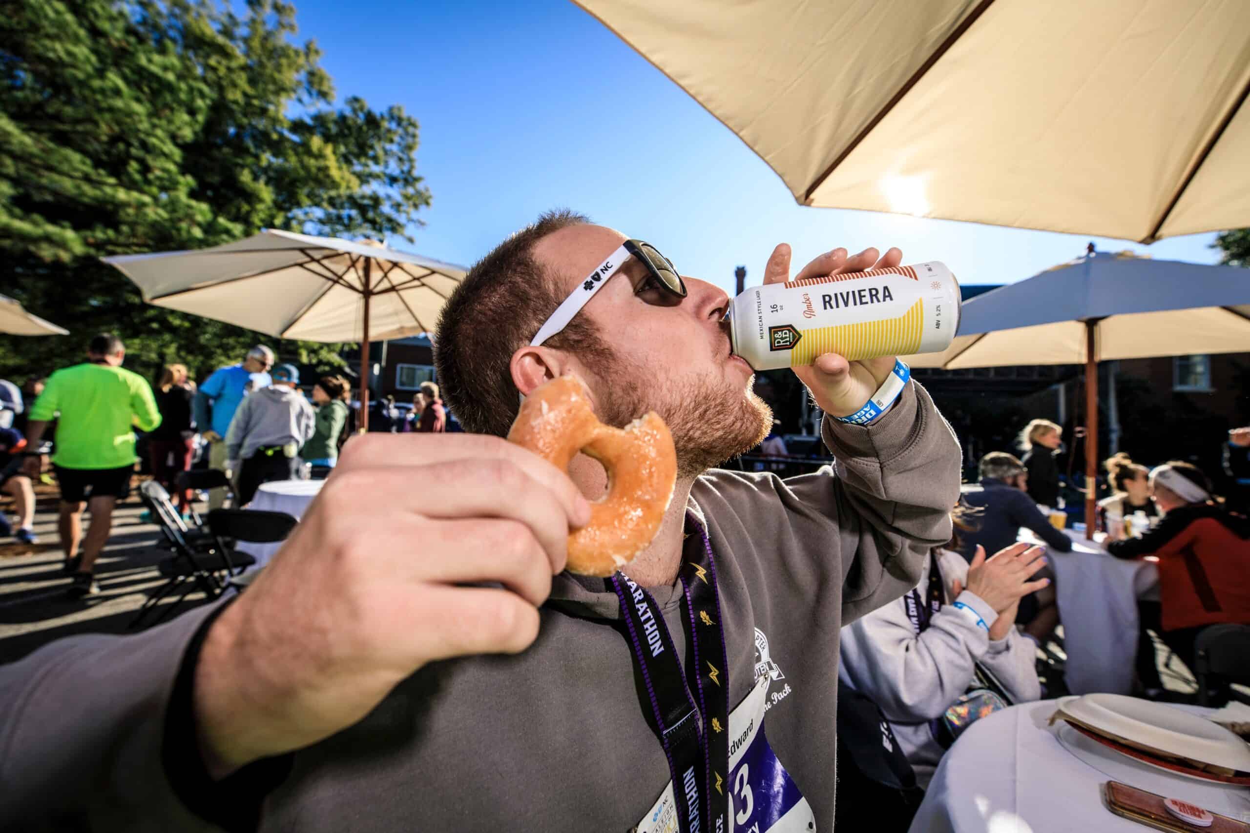 A beer and donut are not ideal on what to eat after a half marathon.