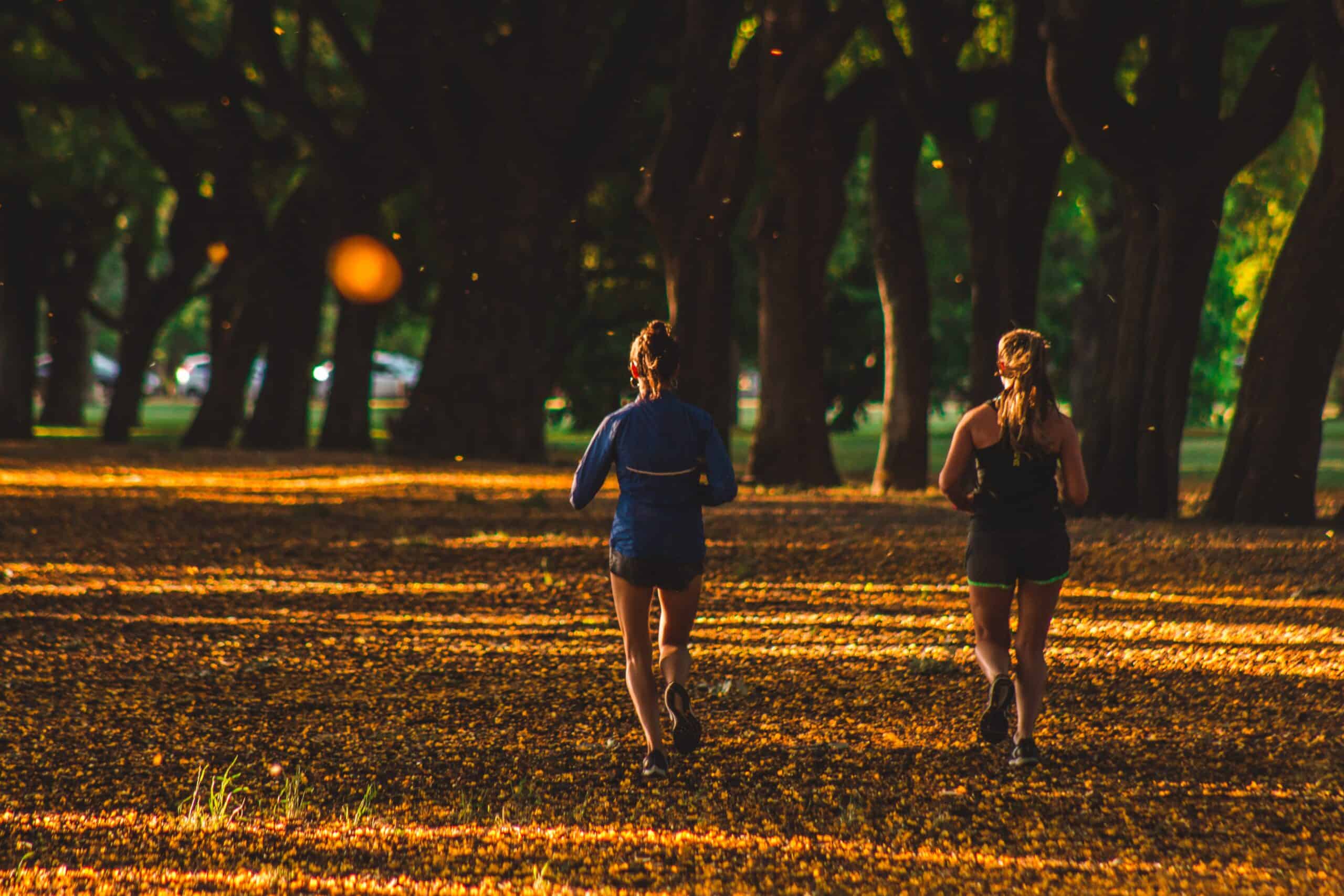 Two female runners slow running through fall foliage.
