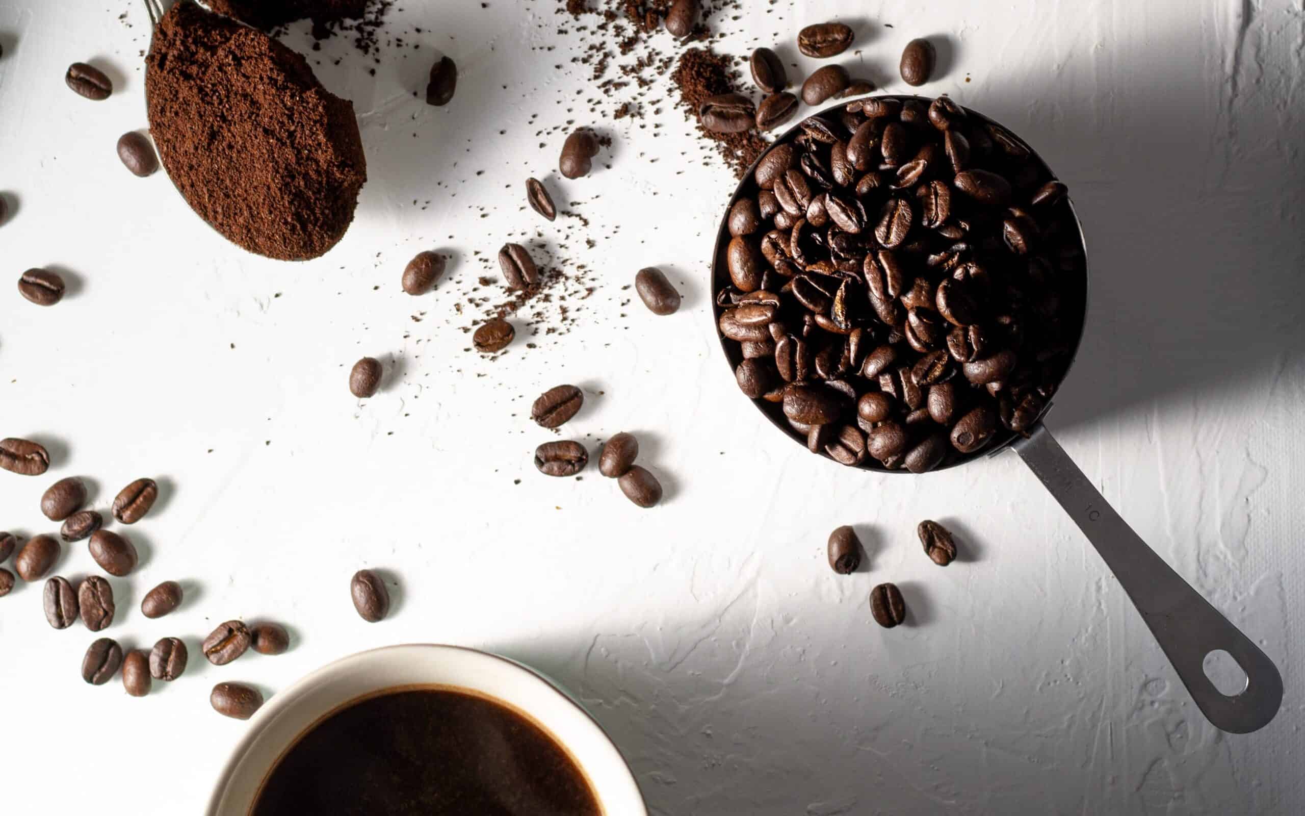Coffee grounds, beans, and a coffee cup with beans on a white backdrop.