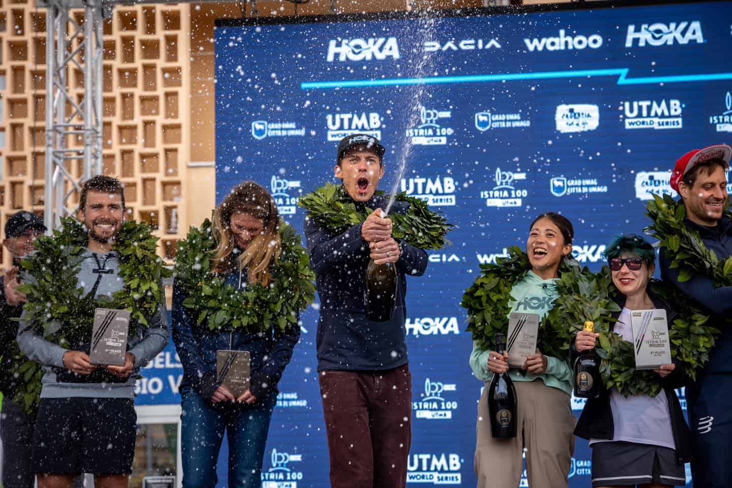 Jim Walmsley celebrating a finish at Istria 100.
