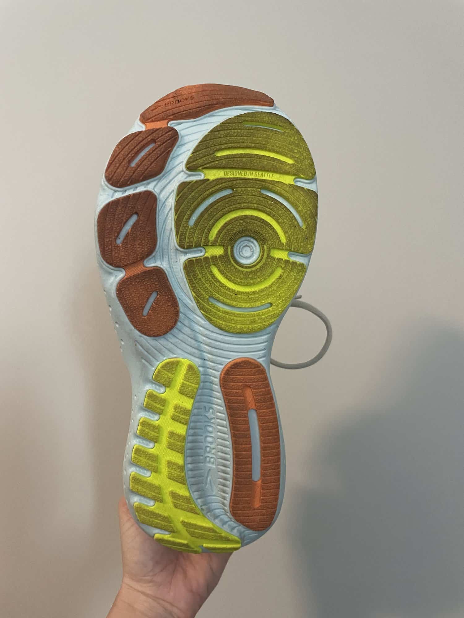 The bottom of the Brooks Glycerin 21 running shoes after testing.