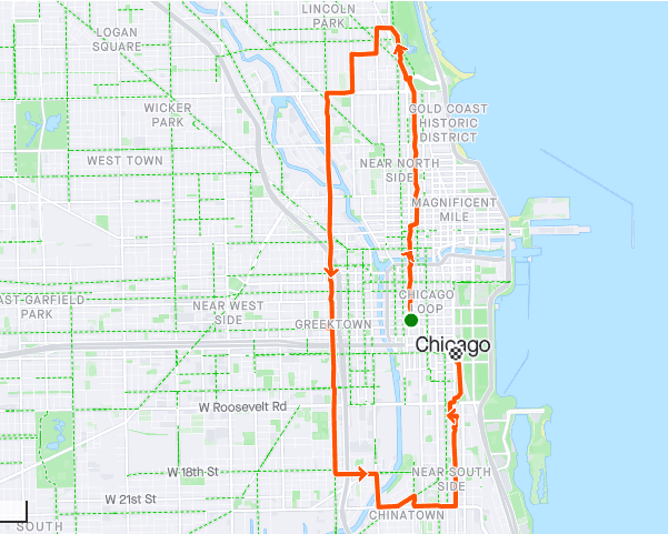 Katherine Brook's strava route as she ran 19K to cheer the Chicago Marathon.