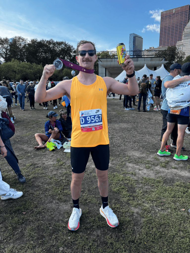 runner at the finish of chicago marathon
