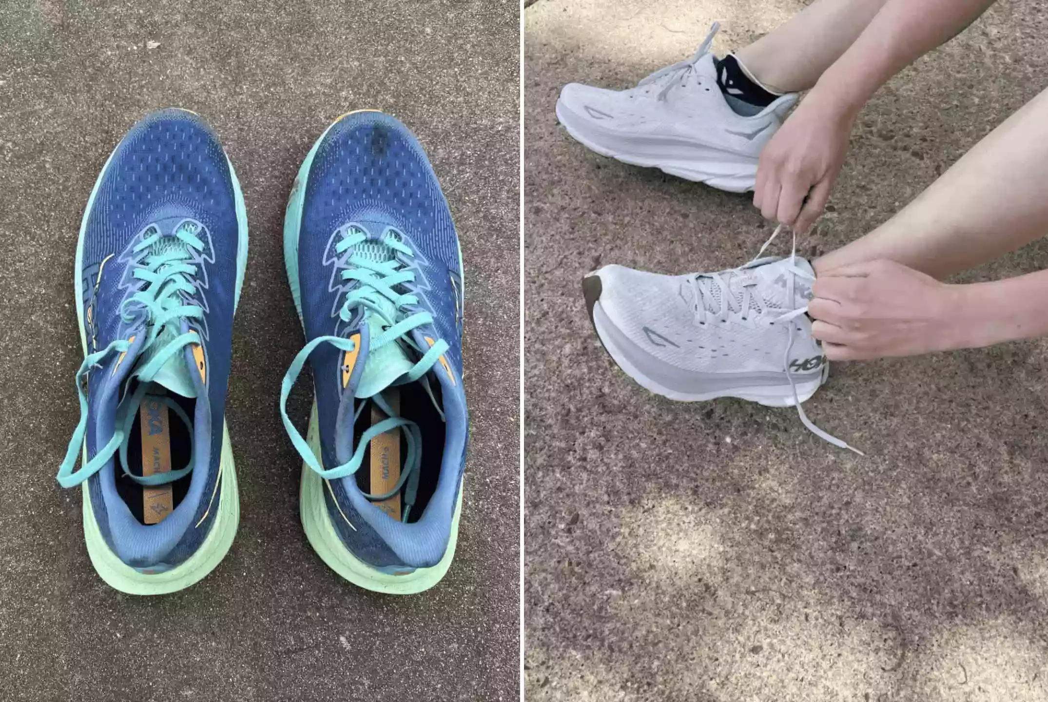 two of the best hokas for half marathons pictured during testing